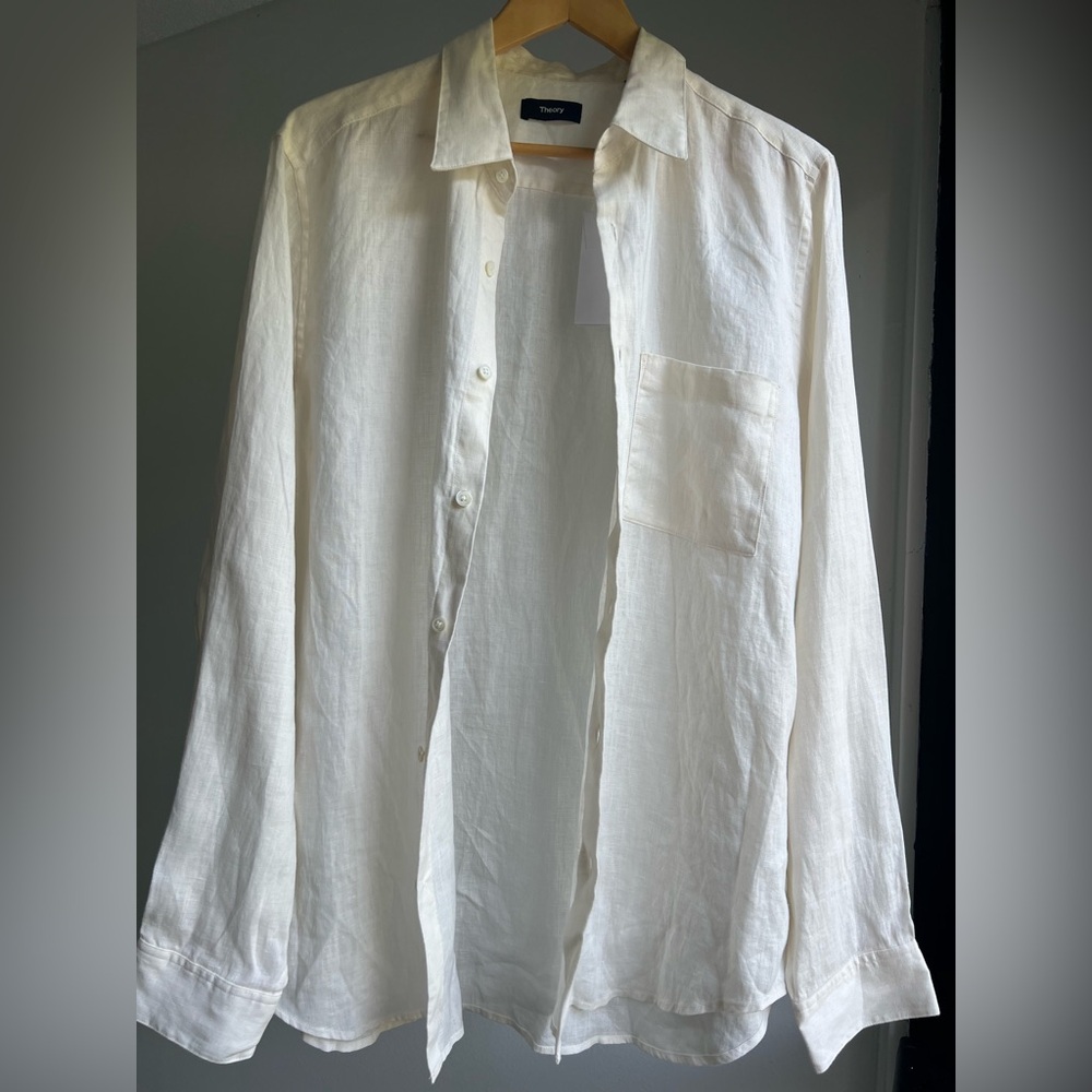 NWT Theory Irving Men’s 100% Linen Button Up Shirt In Ivory Size Large MSRP $225